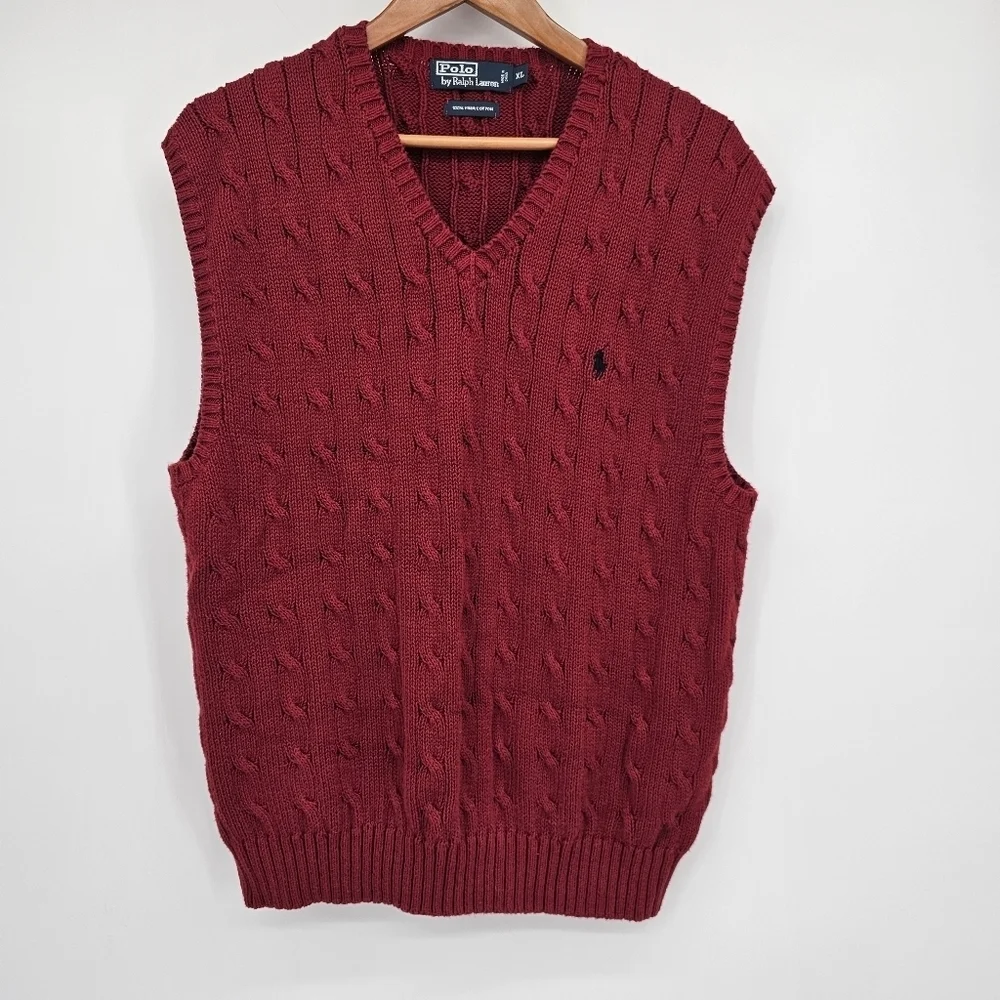 Polo Ralph Lauren Pima Cotton Red Cable Knit Pullover VNeck Sweater Vest Mens XL